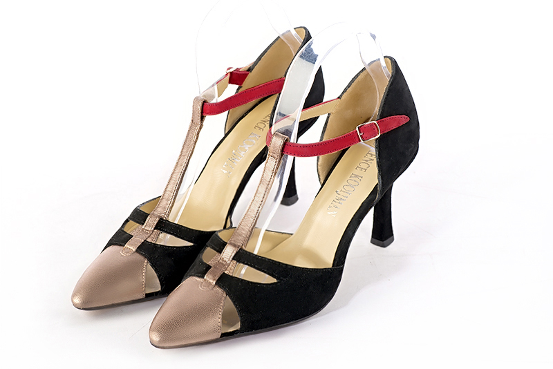 Tan beige, matt black and cardinal red women's T-strap open side shoes. Tapered toe. High slim heel. Front view - Florence KOOIJMAN